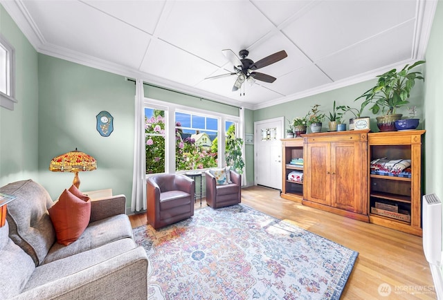 2218 Williams St, Bellingham, WA 98225 - living room with a ceiling fan, light wood-type flooring, and ornamental molding