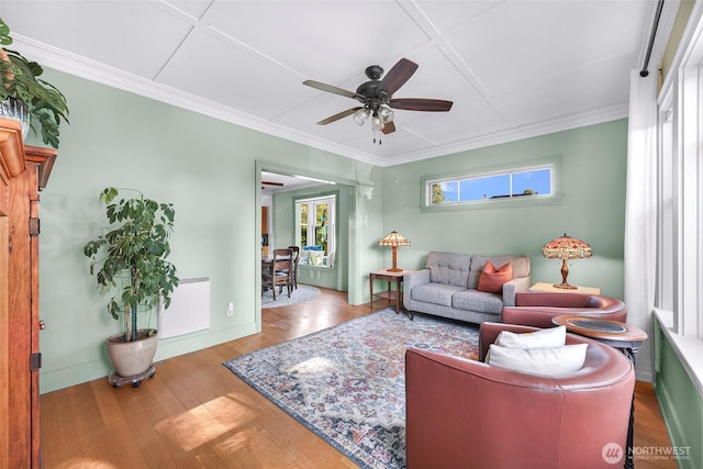 2218 Williams St, Bellingham, WA 98225 - living room featuring wood finished floors, a ceiling fan, crown molding, and baseboards