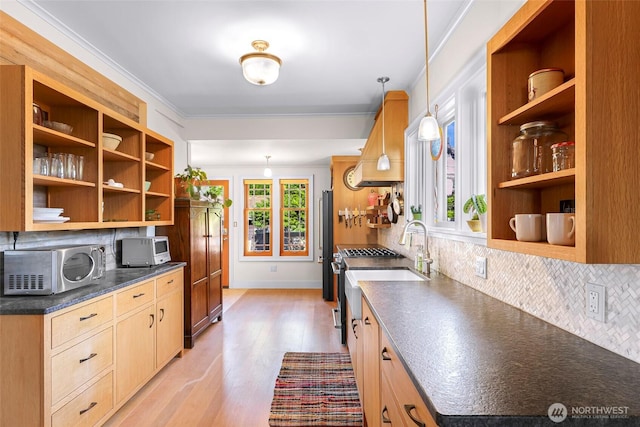 2218 Williams St, Bellingham, WA 98225 - kitchen featuring open shelves, stainless steel appliances, dark countertops, light brown cabinetry, and custom range hood