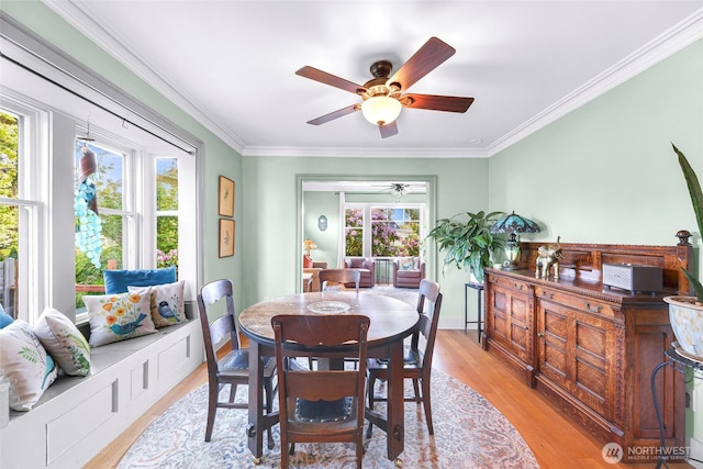 2218 Williams St, Bellingham, WA 98225 - dining area with crown molding, healthy amount of natural light, a ceiling fan, and light wood finished floors