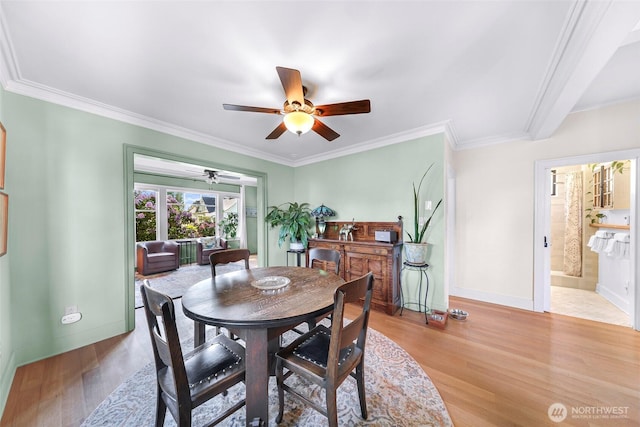 2218 Williams St, Bellingham, WA 98225 - dining space featuring ceiling fan, baseboards, light wood-type flooring, and crown molding
