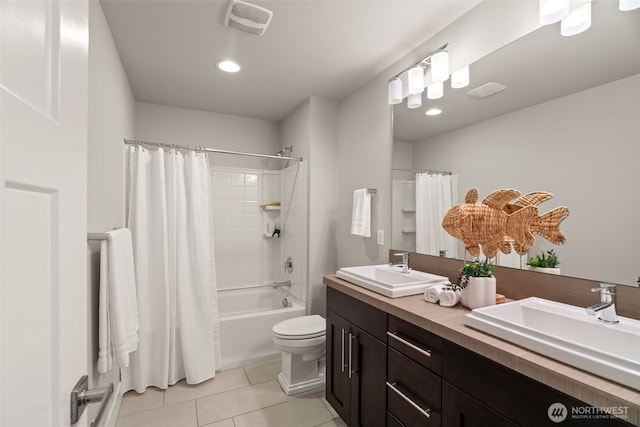 4408 214th Pl SE, Bothell, WA 98021 - bathroom with double vanity, shower / tub combo, tile patterned flooring, toilet, and recessed lighting
