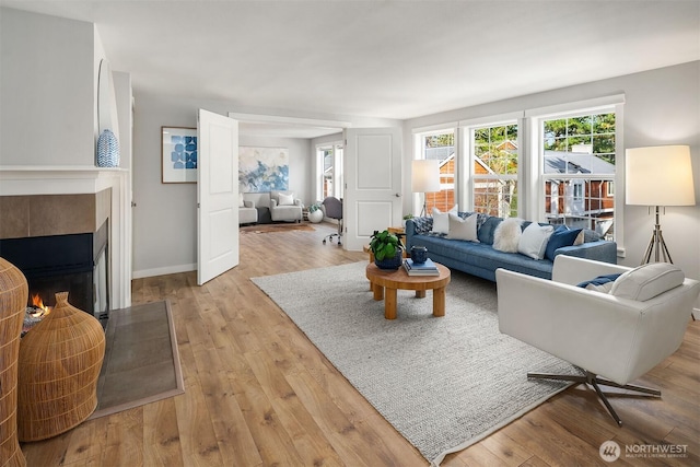 3046 128th Ave SE Unit 30, Bellevue, WA 98005 - living room with light wood finished floors, a fireplace, and baseboards