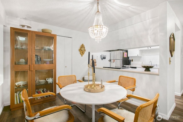 3505 W Government Way Unit 203, Seattle, WA 98199 - dining space with dark wood-style flooring, baseboards, a chandelier, and a textured ceiling