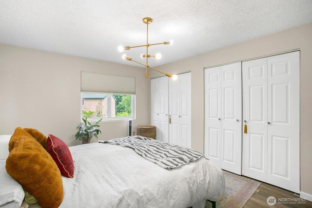 3505 W Government Way Unit 203, Seattle, WA 98199 - bedroom featuring a chandelier, multiple closets, wood finished floors, and a textured ceiling