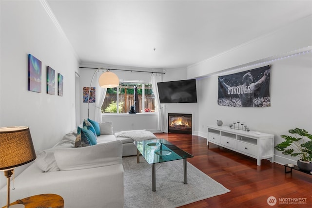 19500 Ballinger Way NE Unit 109, Shoreline, WA 98155 - living area featuring wood finished floors, a glass covered fireplace, ornamental molding, and baseboards