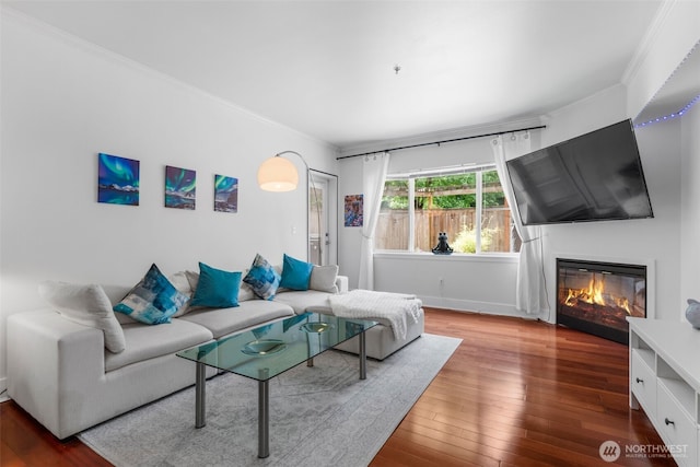 19500 Ballinger Way NE Unit 109, Shoreline, WA 98155 - living room with crown molding, wood-type flooring, a glass covered fireplace, and baseboards