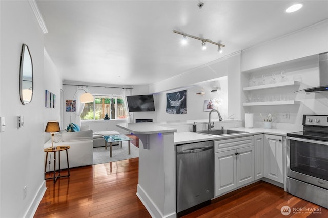 19500 Ballinger Way NE Unit 109, Shoreline, WA 98155 - kitchen with stainless steel appliances, a sink, a peninsula, open shelves, and open floor plan