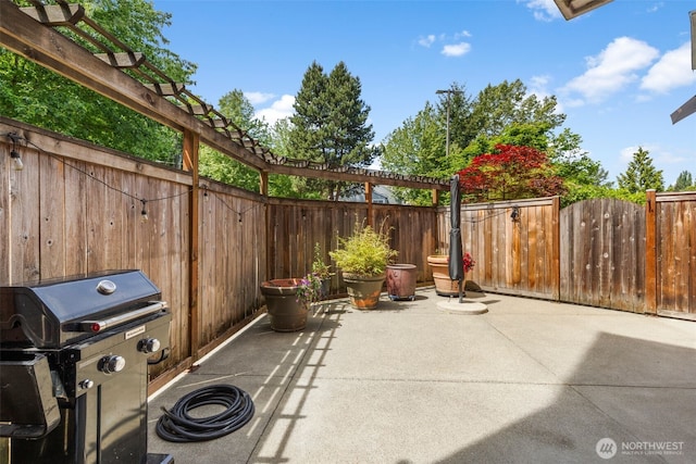 19500 Ballinger Way NE Unit 109, Shoreline, WA 98155 - fenced backyard featuring grilling area, a patio area, and a pergola