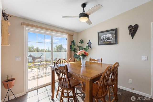 1183 E.9 Rd NE, Moses Lake, WA 98837 - dining room featuring baseboards, a ceiling fan, a water view, and wood finished floors