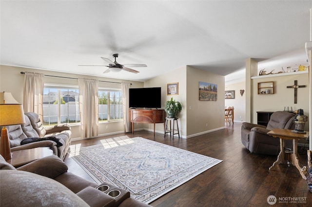 1183 E.9 Rd NE, Moses Lake, WA 98837 - living room featuring a ceiling fan, wood finished floors, and baseboards