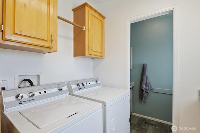 1183 E.9 Rd NE, Moses Lake, WA 98837 - laundry area with washing machine and dryer, dark wood finished floors, cabinet space, and baseboards