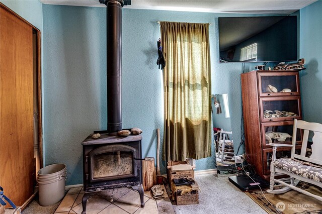16672 Frontier St, Clallam Bay, WA 98326 - detailed view of a wood stove, a textured wall, and baseboards