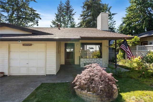 24727 12th Ave S, Des Moines, WA 98198 - single story home featuring a chimney, driveway, a shingled roof, and a garage