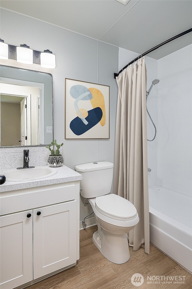 12672 179th Ave SE, Monroe, WA 98272 - full bath featuring toilet, wood finished floors, vanity, and shower / bathtub combination with curtain