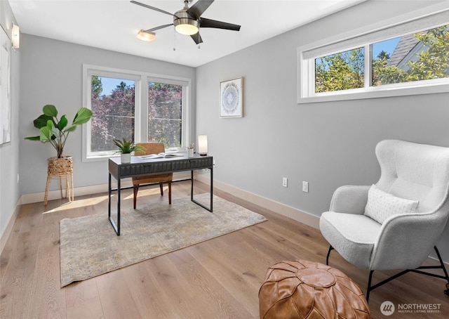 2222 E Mcgraw St, Seattle, WA 98112 - home office featuring baseboards, ceiling fan, and light wood finished floors