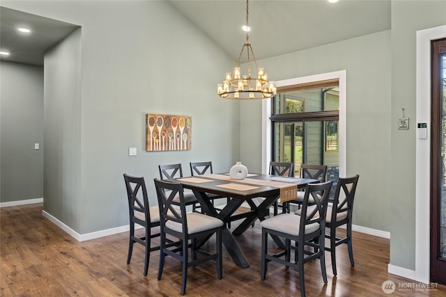 1550 Old Cedars Rd, Cle Elum, WA 98922 - dining room featuring baseboards, a chandelier, dark wood finished floors, recessed lighting, and high vaulted ceiling