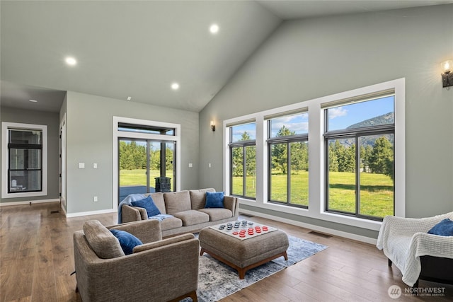 1550 Old Cedars Rd, Cle Elum, WA 98922 - living area featuring high vaulted ceiling, hardwood / wood-style flooring, recessed lighting, and baseboards