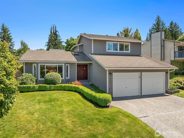 10808 158th Ct NE, Redmond, WA 98052 - view of front of home featuring concrete driveway, a front lawn, an attached garage, and a shingled roof