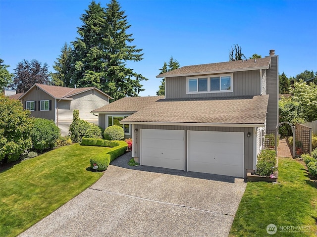 10808 158th Ct NE, Redmond, WA 98052 - view of front facade with a shingled roof, concrete driveway, a front lawn, and a chimney