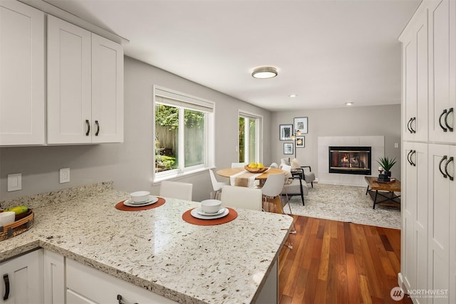 10808 158th Ct NE, Redmond, WA 98052 - kitchen featuring a peninsula, white cabinetry, dark wood finished floors, open floor plan, and a tile fireplace
