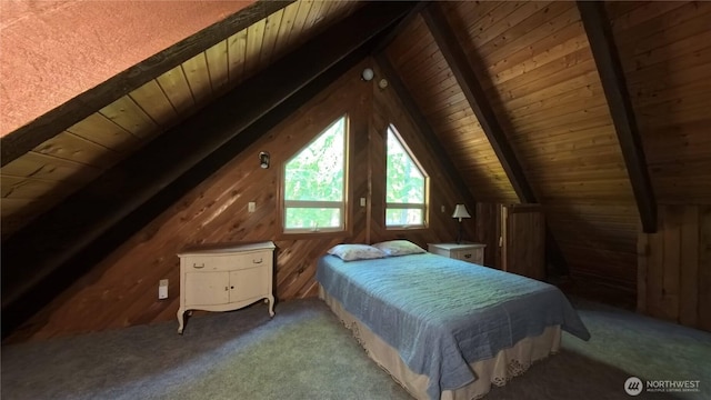 321 N Lake Surf Dr, Lilliwaup, WA 98555 - bedroom with wooden ceiling, wooden walls, and carpet floors