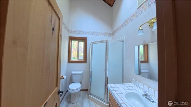 321 N Lake Surf Dr, Lilliwaup, WA 98555 - full bathroom featuring vanity, a stall shower, and a high ceiling