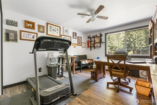 114 Black Bear Ln, Centralia, WA 98531 - exercise area featuring a ceiling fan and wood finished floors