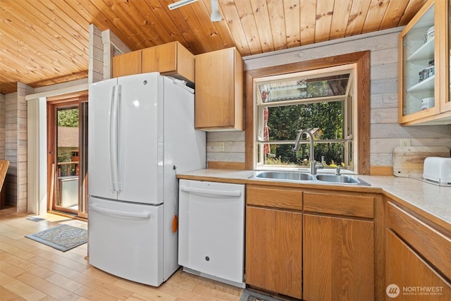 606 E Pointes Dr W, Shelton, WA 98584 - kitchen featuring white appliances, wooden ceiling, a sink, light countertops, and glass insert cabinets