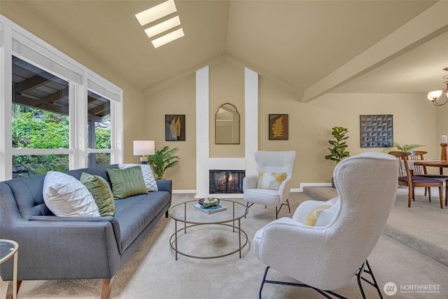 17620 NE 29th St, Redmond, WA 98052 - living room featuring carpet flooring, a skylight, lofted ceiling, baseboards, and a large fireplace