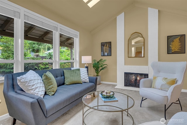 17620 NE 29th St, Redmond, WA 98052 - carpeted living room with vaulted ceiling, healthy amount of natural light, a fireplace, and baseboards