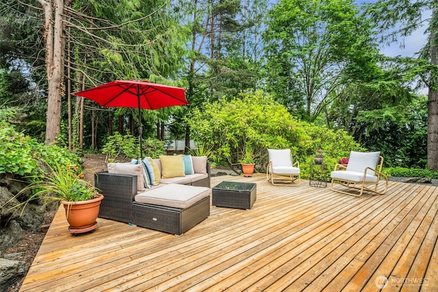 17620 NE 29th St, Redmond, WA 98052 - wooden terrace featuring an outdoor living space and view of wooded area