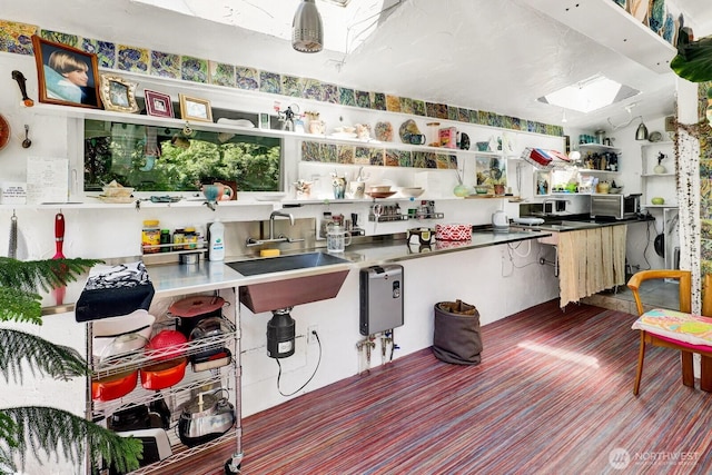 1713 Pebble Beach Trl, Bellingham, WA 98226 - kitchen with open shelves, a skylight, and a sink