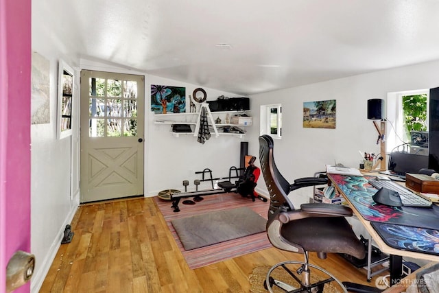 1713 Pebble Beach Trl, Bellingham, WA 98226 - office with vaulted ceiling, wood finished floors, and baseboards