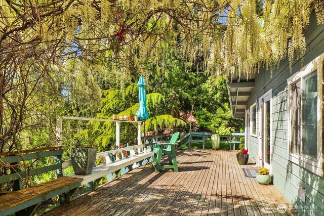 1713 Pebble Beach Trl, Bellingham, WA 98226 - wooden terrace featuring view of wooded area