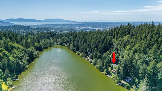 1713 Pebble Beach Trl, Bellingham, WA 98226 - aerial view of property and surrounding area with a heavily wooded area and a water and mountain view