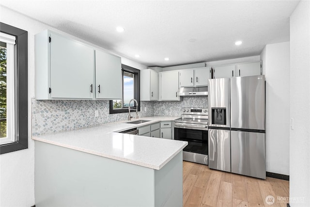1668 Sapphire Trl, Bellingham, WA 98226 - kitchen with appliances with stainless steel finishes, under cabinet range hood, a sink, tasteful backsplash, and recessed lighting