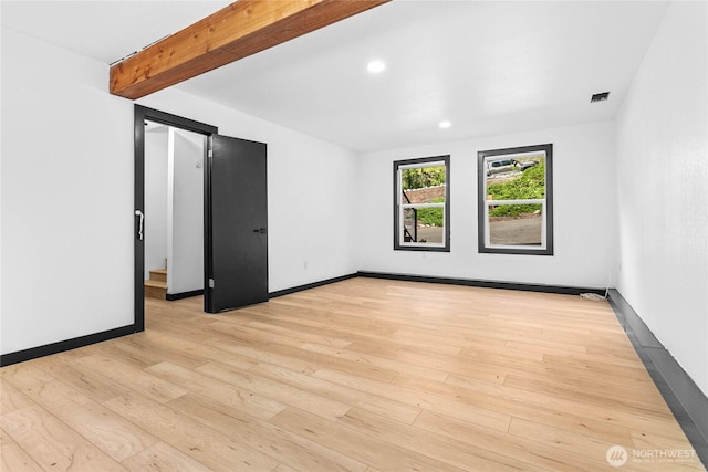 1668 Sapphire Trl, Bellingham, WA 98226 - unfurnished room featuring light wood-type flooring, baseboards, recessed lighting, and beam ceiling