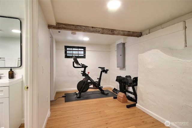 719 N 92nd St, Seattle, WA 98103 - exercise room with electric panel, light wood-style flooring, and baseboards