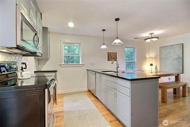 719 N 92nd St, Seattle, WA 98103 - kitchen with stainless steel appliances, a peninsula, plenty of natural light, and light wood-style flooring