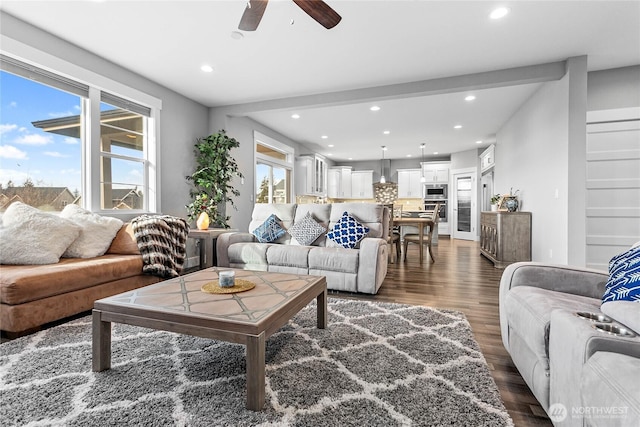 6041 Brian Ct, Ferndale, WA 98248 - living area featuring recessed lighting, plenty of natural light, dark wood-style floors, and ceiling fan