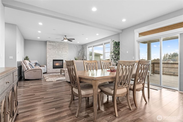 6041 Brian Ct, Ferndale, WA 98248 - dining area with wood finished floors, recessed lighting, ceiling fan, and a fireplace