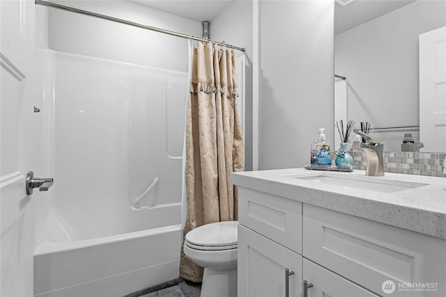 6041 Brian Ct, Ferndale, WA 98248 - bathroom featuring vanity, shower / bath combo with shower curtain, and toilet