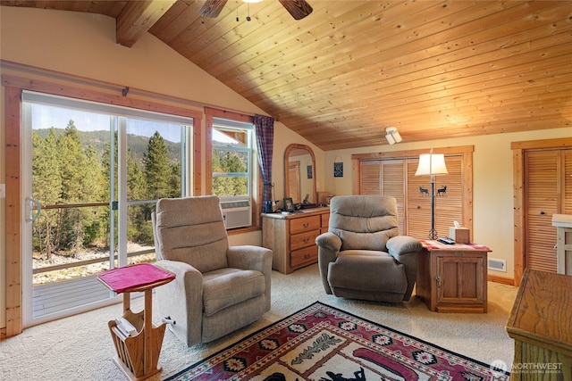 8775 Icicle Rd, Leavenworth, WA 98826 - living area featuring light colored carpet, a ceiling fan, wood ceiling, and cooling unit