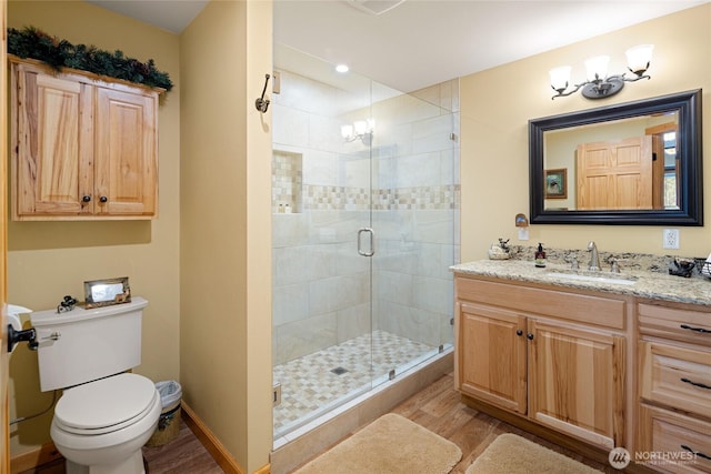 8775 Icicle Rd, Leavenworth, WA 98826 - bathroom featuring wood finished floors, vanity, a shower stall, and toilet
