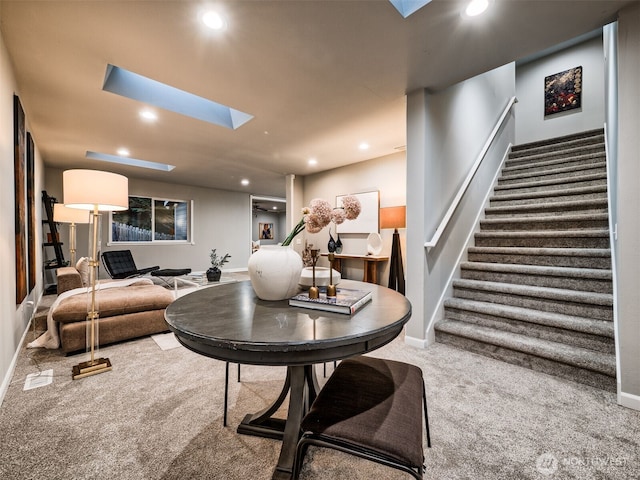 2623 189th St SE Unit A, Bothell, WA 98012 - living room with carpet floors, stairs, baseboards, recessed lighting, and a skylight