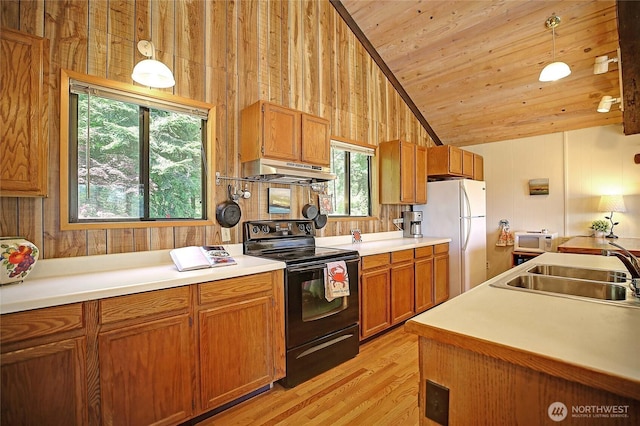 881 Lawson Rd, Camano Island, WA 98282 - kitchen featuring white appliances, a sink, under cabinet range hood, lofted ceiling, and wood ceiling
