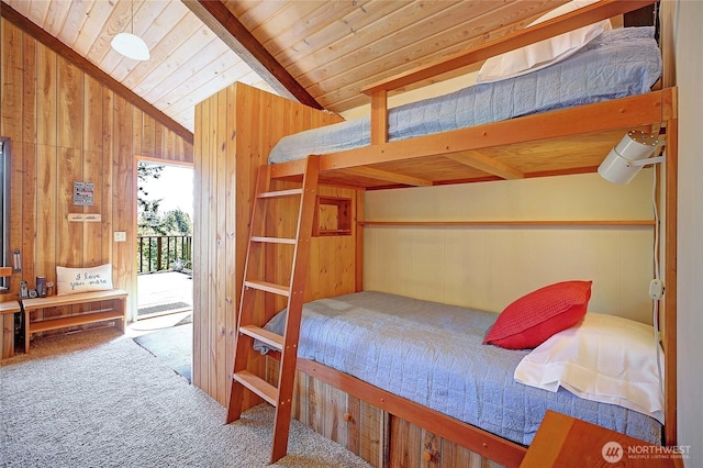 881 Lawson Rd, Camano Island, WA 98282 - bedroom featuring carpet floors, wooden ceiling, access to outside, and wood walls