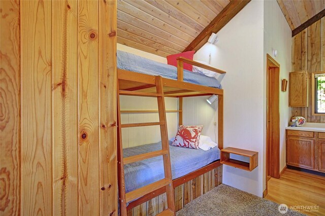 881 Lawson Rd, Camano Island, WA 98282 - bedroom featuring wood ceiling, lofted ceiling, and light wood-style floors