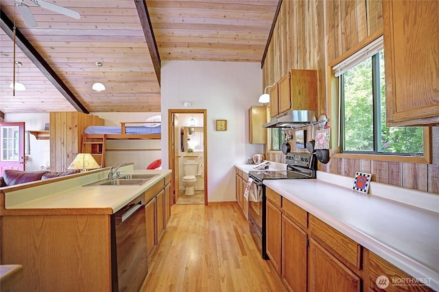 881 Lawson Rd, Camano Island, WA 98282 - kitchen featuring electric stove, a sink, dishwashing machine, wooden ceiling, and light wood finished floors
